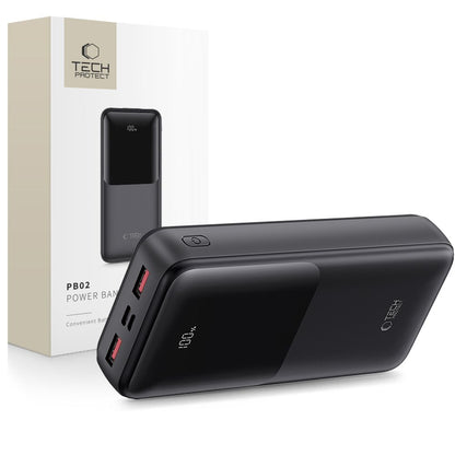 Eksterna baterija Tech-Protect PB02, 20000mAh, 22.5W, QC + PD, 1 x USB-C - 2 x USB-A, Crna