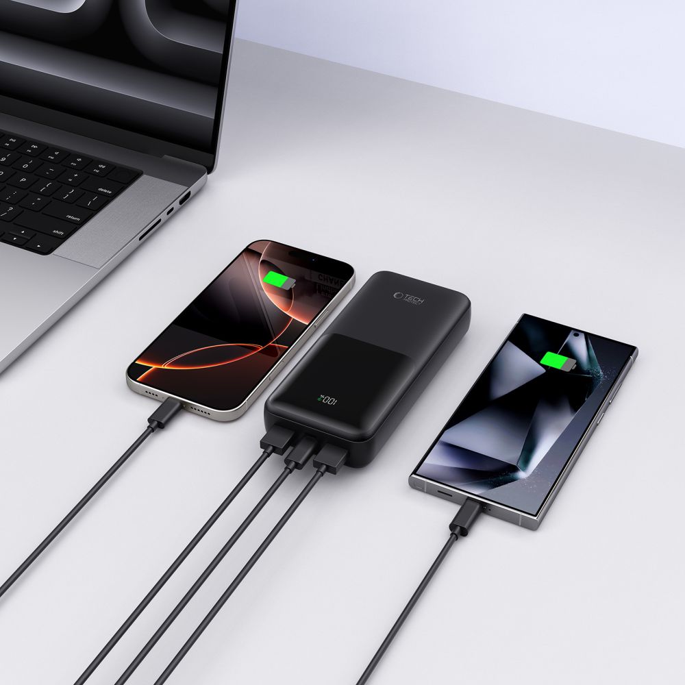 Eksterna baterija Tech-Protect PB02, 20000mAh, 22.5W, QC + PD, 1 x USB-C - 2 x USB-A, Crna