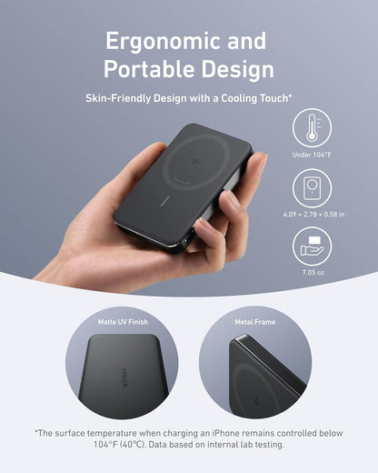 Baterie Externa Wireless Anker MagGo Slim, 10000mAh, 30W, PD + FQI, 1 x QI - 1 x USB-C, Neagra A1664H11