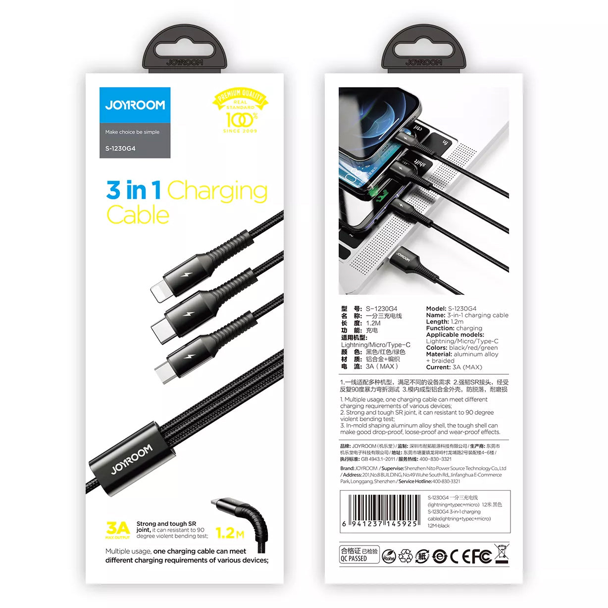 Kabel za punjenje USB-A - Lightning / microUSB / USB-C Joyroom S-1230G4 3u1, 20W, 1.2m, Crni